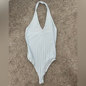 Me to We Essentials Light Blue Ribbed Plunge Halter Neck Bodysuit